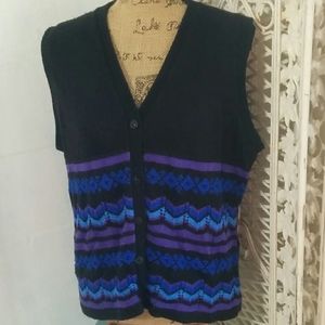 Vintage Crochet Knit Vest Black Blue Sz Large